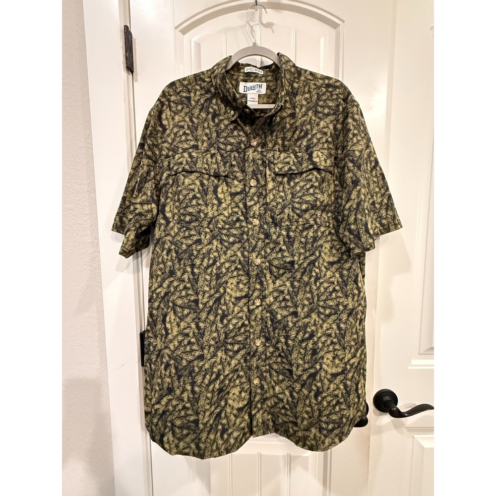 Duluth Trading Co Mens Shirt L Tall Mustard Black‎ Leaf Button Up Casual